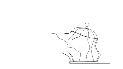 Poster - Self drawing animation of continuous line drawing Arabian businesswoman flying with rocket and breaks cage. Free from traps. Getting a booster to continue the business. Full length animated