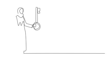 Poster - Self drawing animation of one line drawing Arabian businesswoman holding key. Important key to increasing profits has been secured. Ready to become important inheritance. Full length animated