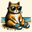 chubby cat wearing slippers and sunglasses on the beach summer illustration