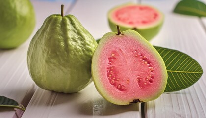 Wall Mural - whole and half pink guava with leaf isolated on white background