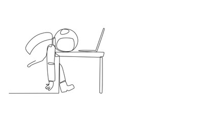 Poster - self drawing animation of continuous line drawing astronaut fell asleep in front of a laptop compute