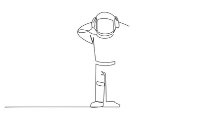 Poster - Animation of continuous line drawing astronaut standing straight holding head with both hands. Gestures excited. Unusual facial expressions. Single line self drawing animated. Full length motion