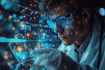 Poster - A focused scientist in a lab coat analyzes glowing molecular models in a high-tech research environment