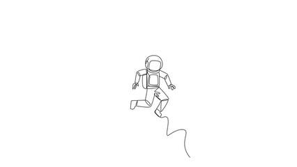 Poster - Self drawing animation of continuous line drawing big hand holding young astronaut. Workplace moving metaphor. Position transfer. Level up. Have bigger responsibilities. Full length animated
