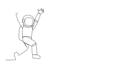 Poster - Animated self drawing of one line drawing young astronaut running to celebrate the success of business. Like a football player who scores goal, he doing celebrates. Full length single line animation