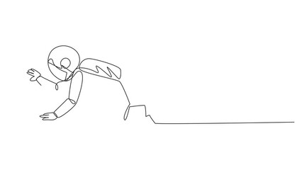 Poster - Self drawing animation of continuous line drawing young tired astronaut. Trying to get up after being attacked by a pandemic. Starting from crawling, walking, then running fast. Full length animated