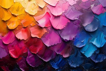 Poster - Close-up view of bright, textured swipes of multicolored oil paint on an artist's canvas
