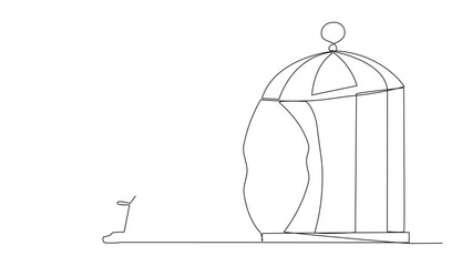 Poster - Self drawing animation of continuous line drawing astronaut trapped in cage and walking penetrate the cage. Metaphor seeking new challenges and experiences for a better future. Full length animated