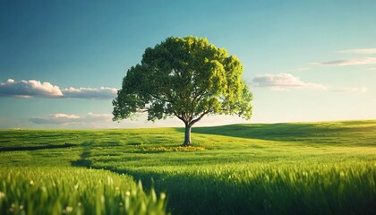 Wall Mural - tranquil lone tree stands proud in vast green field under summer sunlight