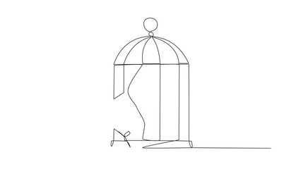Poster - Self drawing animation of continuous line drawing young astronaut pull the iron bars until dented. Describes anger. The cosmonaut expresses disappointment. Unhappy. Full length animated