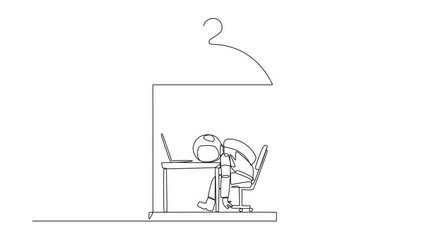 Poster - animation of continuous line drawing astronaut trapped in the cage asleep on the laptop. tired of re