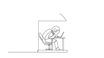 Poster - Animated self drawing of continuous line drawing astronaut trapped in the cage working on a laptop computer. Plan to take annual leave to get away from routine. Full length single line animation