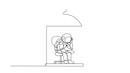 Poster - Animation of continuous line drawing astronaut trapped in cage sitting pensively holding paper. Failed business. Read the bankruptcy statement. Single line self drawing animated. Full length motion