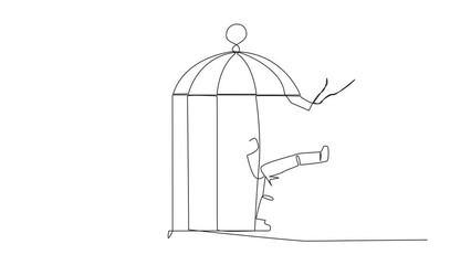 Poster - Animated self drawing of single line drawing astronaut trapped in the cage kick the caged until wrecked. Freedom of expression for the business. Distractions. Full length single line animation