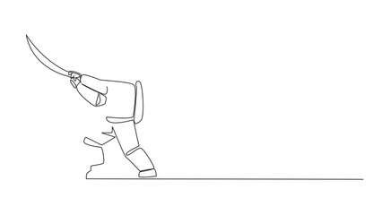 Poster - Self drawing animation of single continuous line drawing astronaut holding samurai. Stylized like samurai athlete guarding business. Prepared to eliminate disrupt business growth. Full length animated