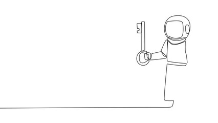 Aufkleber - Animation of continuous line drawing astronaut holding key. Important key to increasing profit has been secured. Ready to become an inheritance. Single line self drawing animated. Full length motion