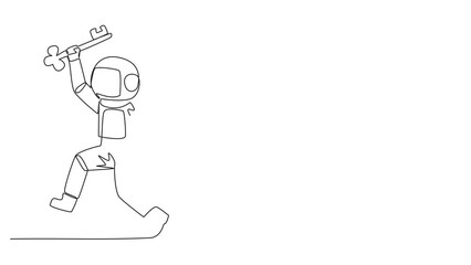 Poster - animated self drawing of single line drawing young astronaut running holding key. doing celebrate. p