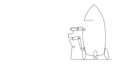 Poster - Animation of one line drawing smart robot and rocket. Get ready to ride rocket that will launch. Metaphors bring business success. Continuous line self drawing animated. Full length motion
