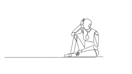Poster - Animated self drawing of single continuous line drawing robot sitting near piles of work files. Too much work is stressful. Putting off work makes work neglected. Full length single line animation
