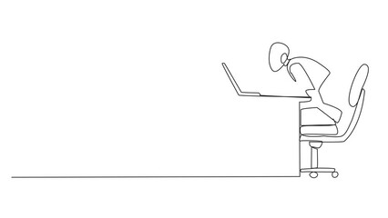 Poster - Animation of one line drawing robot sitting and typing on laptop computer. Work hard to achieve maximum expected results. Overtime and work smart. AI technology. Full length motion