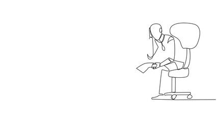 Poster - Self drawing animation of continuous line drawing sad robotic sit limply in a chair. Pensively holding piece of bill paper. The large of receivables, business will collapse. Full length animated