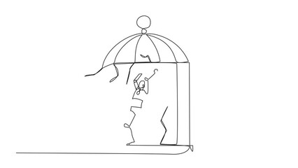 Poster - Animated self drawing of continuous line drawing smart robot trapped in the cage holding an axe and destroy the cage. Everything is done to be free. Rising anger. Full length single line animation