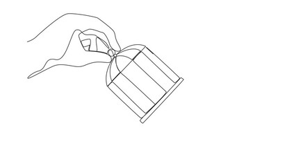 Poster - Self drawing animation of single one line drawing big hand hold the cage catch kneeling robot. Entrepreneurs who surrender to the situation. Take responsibility for all errors. Full length animated