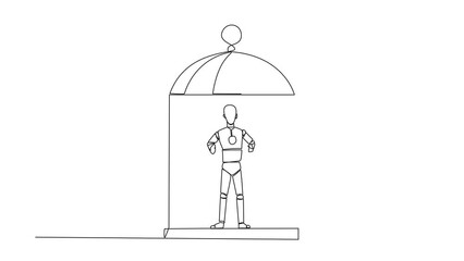 Poster - Self drawing animation of one line drawing unhappy robot trapped in cage standing hold the iron bars. Imprisoned body and mind. Limited opportunity. Feeling exhausted. Full length animated