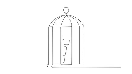 Poster - Animated self drawing of single one line drawing robot trapped in cage standing with open arms. Surrender to the situation. Forced to stay in a cage. Full length single line animation