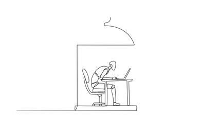 Poster - Self drawing animation of single line drawing robot trapped in the cage working on laptop computer. Plan to take annual leave to get away from routine. Workaholic. Overtime. Full length animated