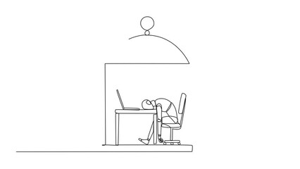 Poster - Animation of one line drawing robot trapped in cage asleep on laptop. Tired of repetitive routines. The many deadlines require overtime every day. Single line self drawing animated. Full length motion