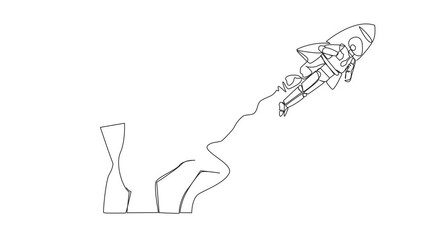 Poster - Animated self drawing of single line drawing robot flying with a rocket and breaking the cage. Free from traps. Getting a booster to continue the business. Full length single line animation