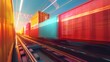 A colorful and dynamic image of cargo containers on the side of an animated train, moving at high speed along tracks against a blurred background.