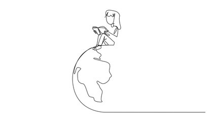 Canvas Print - Self drawing animation of one line drawing happy girl sitting on big globe reading a book. The metaphor of reading can reach the world. Read everywhere. Book festival concept. Full length animated