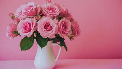 Wall Mural - pink roses arranged in a white vase against a pink background with ample space for text