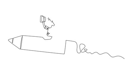Poster - self drawing animation of continuous line drawing a girl rides on a pencil-shaped rocket. reading a 