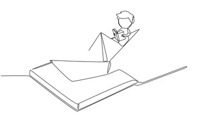 Poster - self drawing animation of one line drawing the kids reading a book on a paper boat. maintain good ha