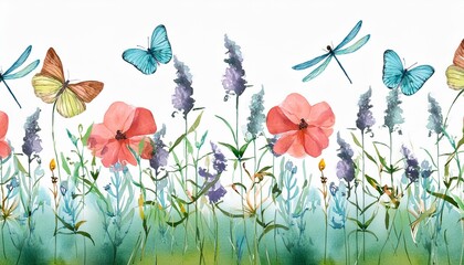 Wall Mural - watercolor horizontal seamless pattern of abstract wildflowers and plants with flying butterflies and dragonfly isolated floral colored border for wallpapers cover or floral background design print