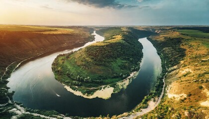 Wall Mural - gorgeous view from a drone flying over the winding dniester river ukraine europe