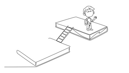 Poster - self drawing animation of single line drawing kids walking on books. a book exhibition concept. disp