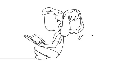 Poster - animation of one line drawing kids sitting reading a book. the new hobby of reading books helps to r