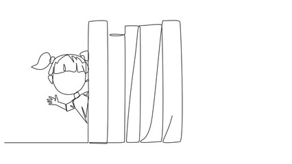Poster - self drawing animation of one line drawing the kids appears from behind a row of books. invitation t
