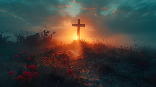 jesus christ cross easter resurrection concept christian cross on a background with dramatic lightin