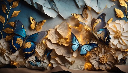 Wall Mural - abstarct flowers herbarium luxury color combination cyanotype of stone surrounded by fantasy butterfly flowers torn paper golden glow abstract pattern foliage background crumpled paper 3d artw