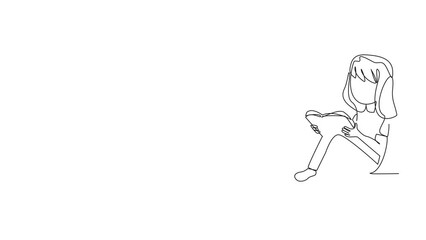 Poster - animation of continuous line drawing smart girl sitting while reading the book. read books alone to 