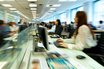 A dynamic scene capturing the hustle and bustle of business life, with blurred motion effect showcasing business people walking briskly in the office corridor.