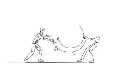 Poster - Self drawing animation of single continuous line drawing two emotional businessman fighting over the big alarm clock. Concept of fighting for rare items for prestige. Conflict. Full length animated