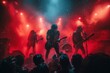 © Larisa AI - Dynamic shot of a rock band playing a concert with red stage lights and audience in silhouette