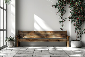 Minimalist interior with wooden bench and potted plant, suited for home and lifestyle magazines.