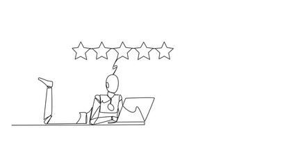 Poster - Animation of one line drawing of continuous one line drawing robot on stomach while typing on laptop. Next to the laptop is a shopping bag. Give the best review with pleasure. Full length motion